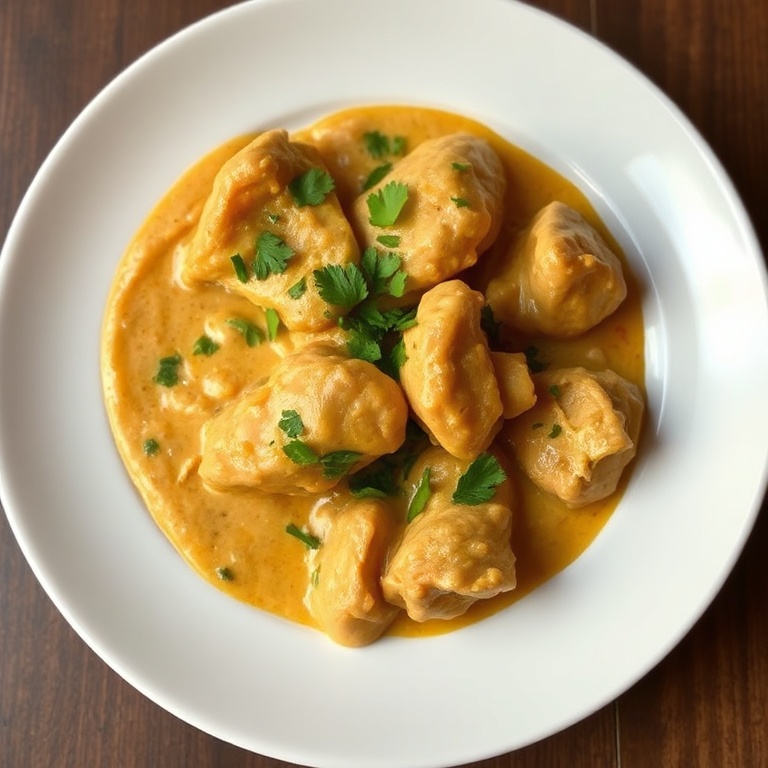 A plated serving of chicken korma with a sprinkle of cilantro. A white porcelain plate shows the creamy sauce and tender chicken.