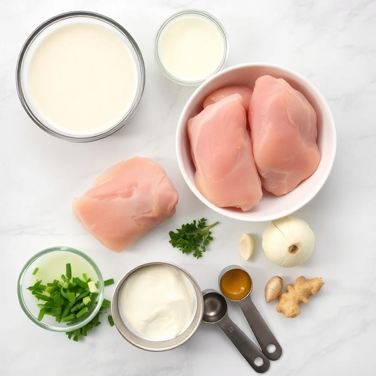 Raw ingredients for easy chicken korma. Chicken thighs, coconut milk, onion, garlic, and ginger arranged in an overhead flat lay.