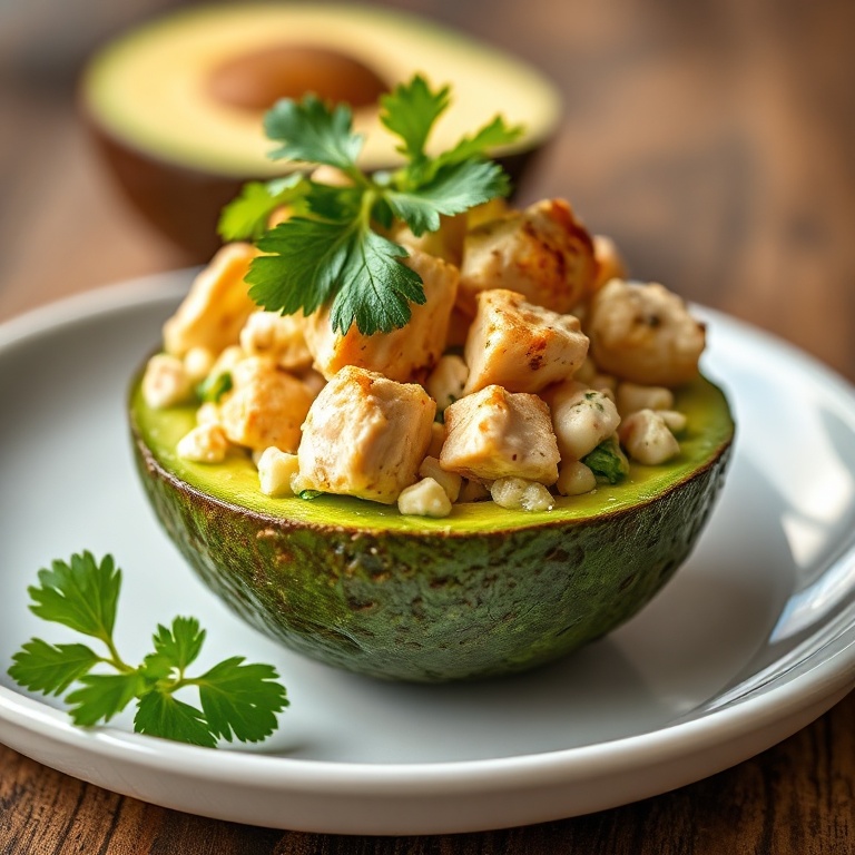 Perfectly plated chicken salad stuffed avocado with fresh cilantro garnish