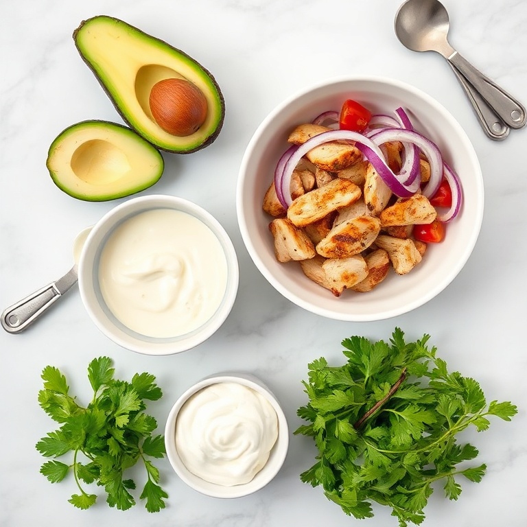 Fresh avocado, grilled chicken, mayonnaise, red onion, cilantro, and lime