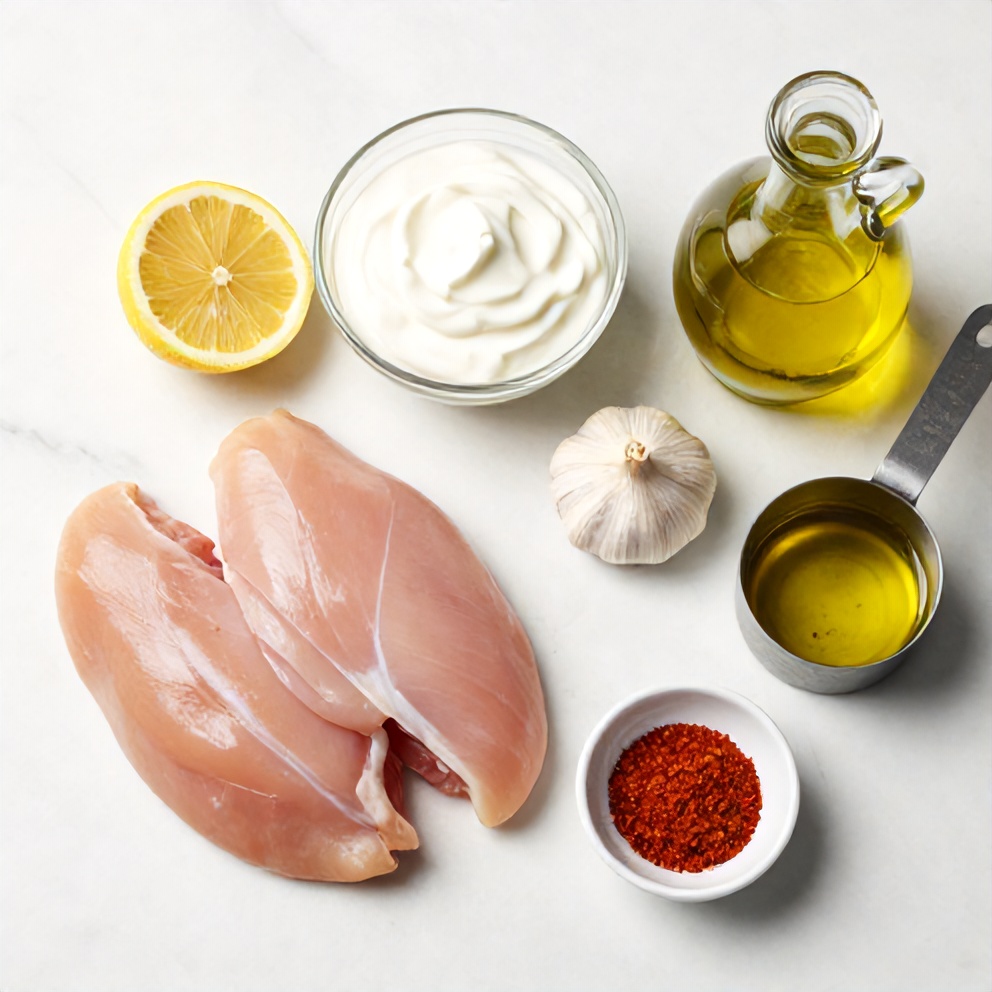 Raw ingredients for Chicken Shawarma on a marble surface