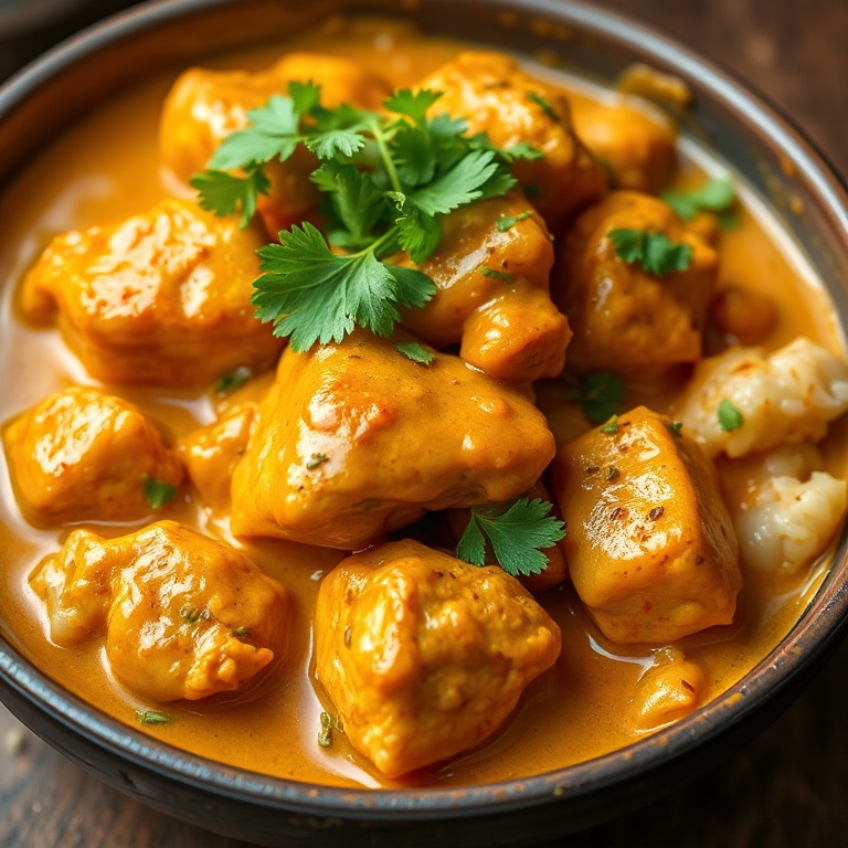Serving of chicken tikka masala topped with fresh cilantro. Golden sauce drizzled over tender chicken pieces in a deep dish bowl.