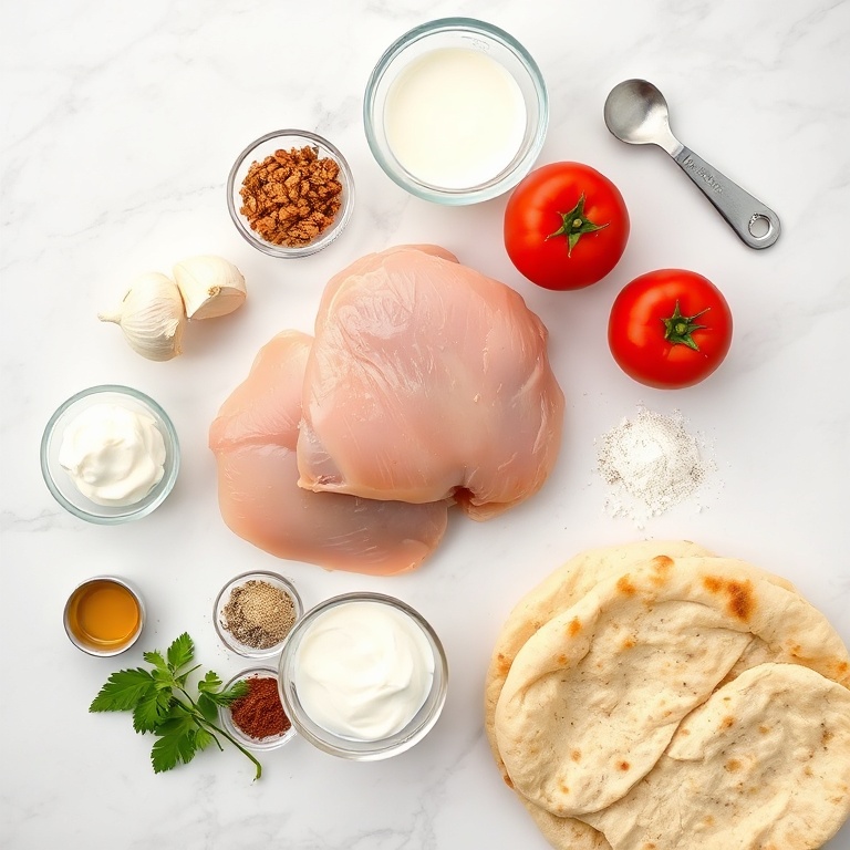 Raw chicken, tomato, onion, garlic, ginger, yogurt, spices, and naan arranged on a white marble surface.