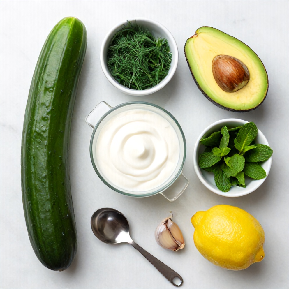 Raw Ingredients for Chilled Cucumber Avocado Soup