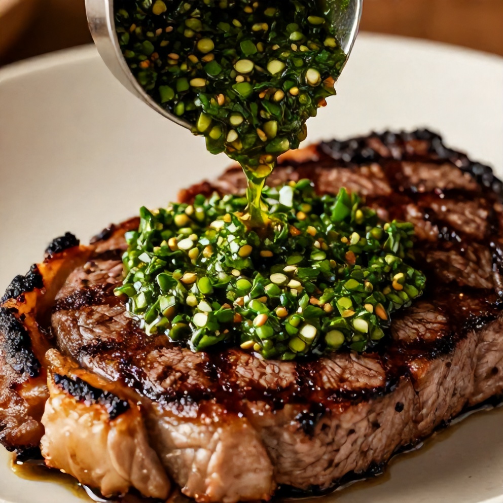 Chimichurri sauce drizzled over grilled steak
