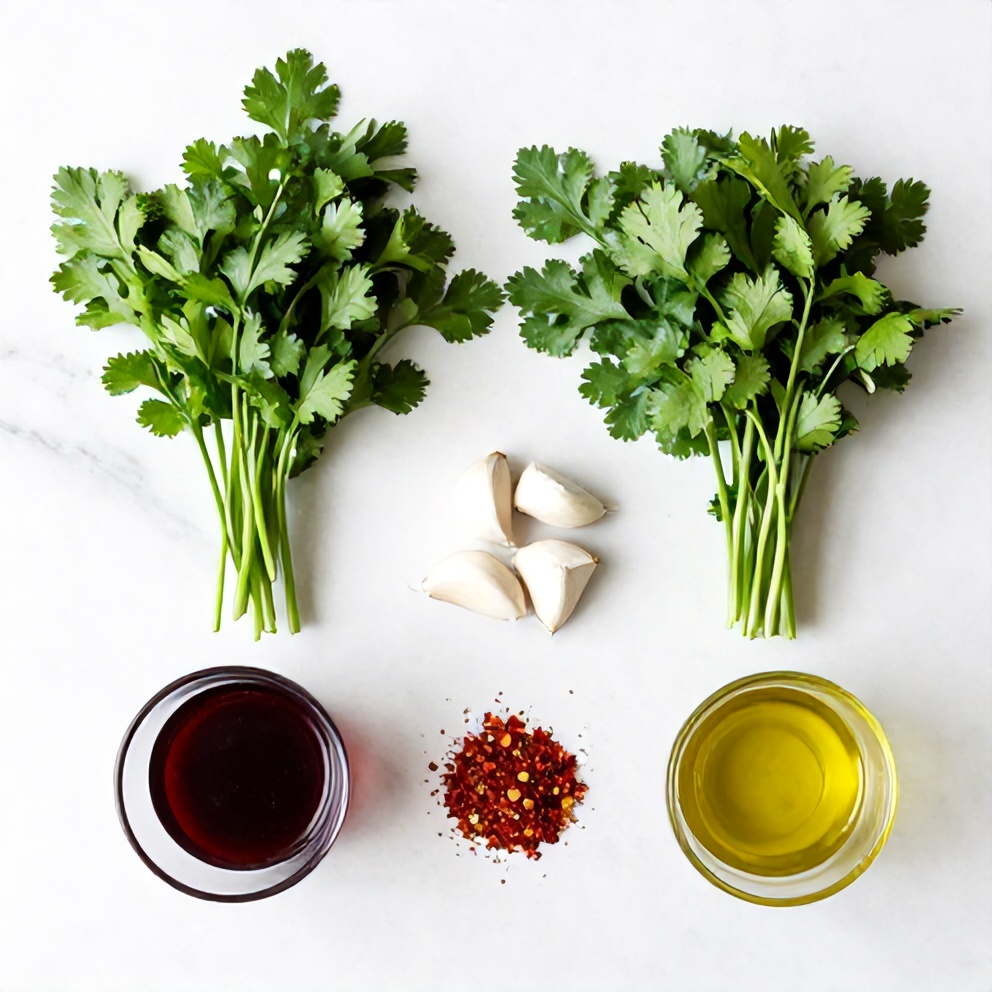 Chimichurri sauce ingredients on a marble surface