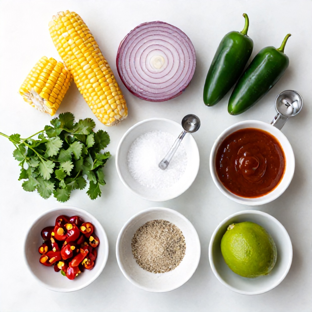 Raw ingredients for Chipotle Corn Salsa on a marble surface