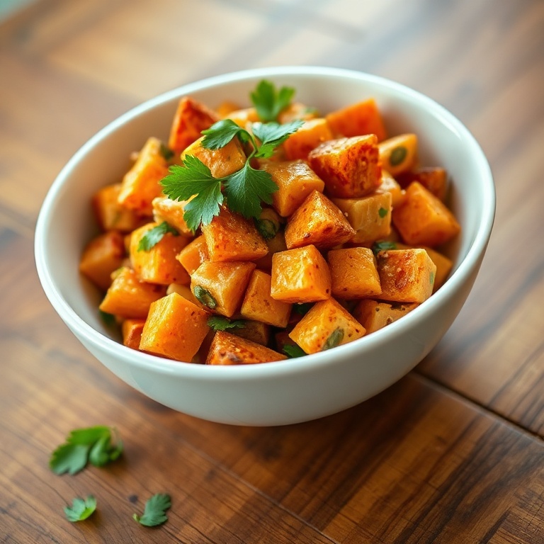 One serving of chipotle sweet potato salad plated in a shallow white bowl, topped with extra cilantro leaves. Close crop shows creamy chipotle dressing coating every piece. Warm side light highlights crisped edges and salad texture.