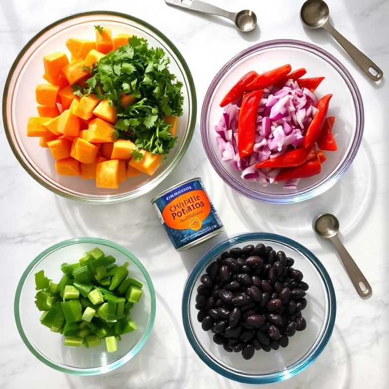 Overhead flat lay of raw cubed sweet potatoes, canned chipotle peppers in adobo, sliced red onion, fresh cilantro, and canned black beans arranged on marble. Small bowls hold olive oil, mayo, and lime halves. Measuring spoons and cups visible around ingredients.