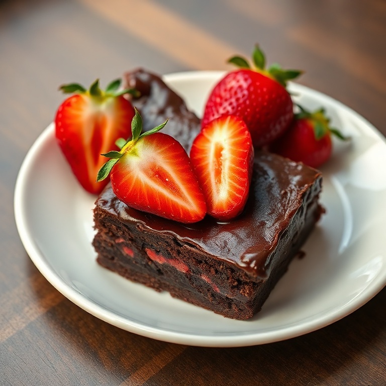 Perfectly plated brownies with a thick chocolate layer and fresh strawberries on a white ceramic plate. Warm side lighting highlights the glossy texture.