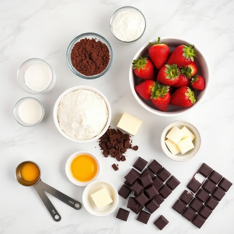 Raw ingredients for chocolate covered strawberry brownies: flour, sugar, cocoa powder, butter, eggs, strawberries, and chocolate. Measuring spoons and bowls visible on a white marble surface.
