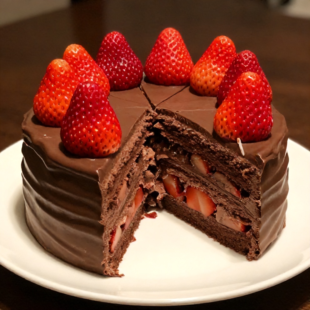 A perfectly sliced chocolate strawberry cake with fresh strawberries on top