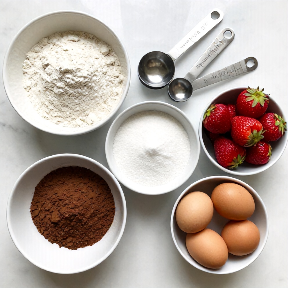 Flour, sugar, cocoa powder, strawberries, and eggs arranged in a flat lay