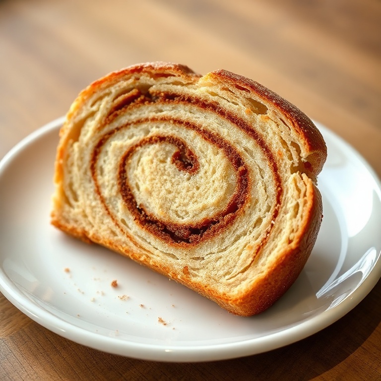 A thick slice of cinnamon swirl sourdough bread on a white ceramic plate, dusted with cinnamon sugar, showing airy crumb and golden crust in warm light.