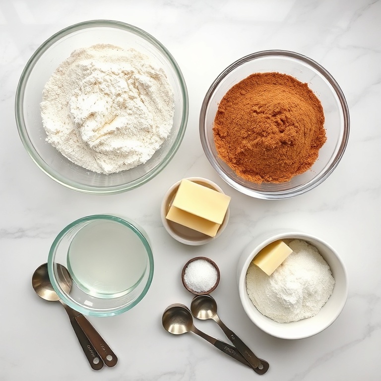 Overhead flat lay of flour, active sourdough starter, cinnamon, butter, and brown sugar with prep bowls and measuring spoons on a white marble surface.