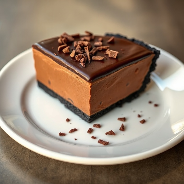 A beautifully plated slice of chocolate pie with a chocolate ganache topping