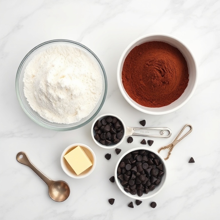 Raw ingredients for chocolate pie: flour, sugar, cocoa powder, butter, eggs, and chocolate chips