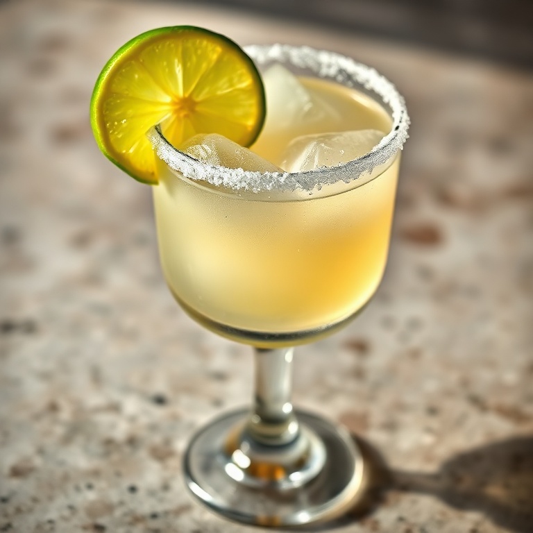 A margarita in a chilled glass with a lime slice on the rim