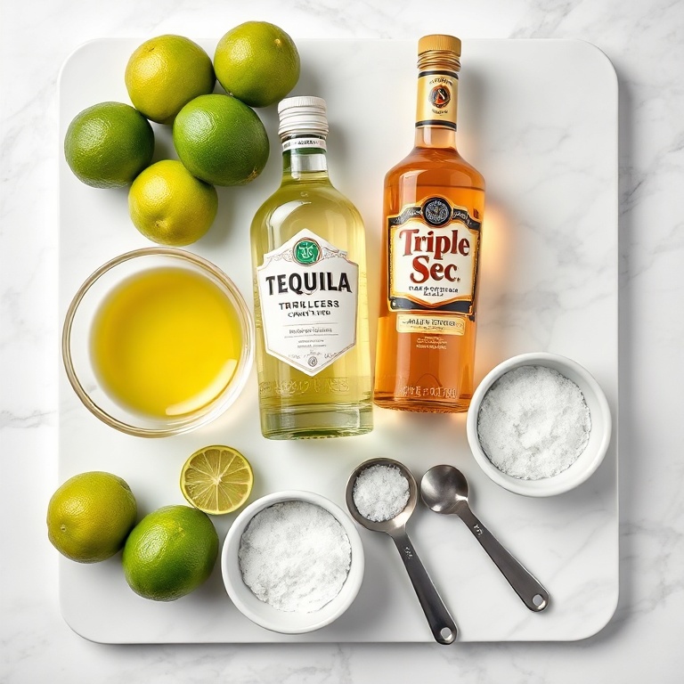 Limes, tequila, triple sec, and a salt shaker on a wooden board