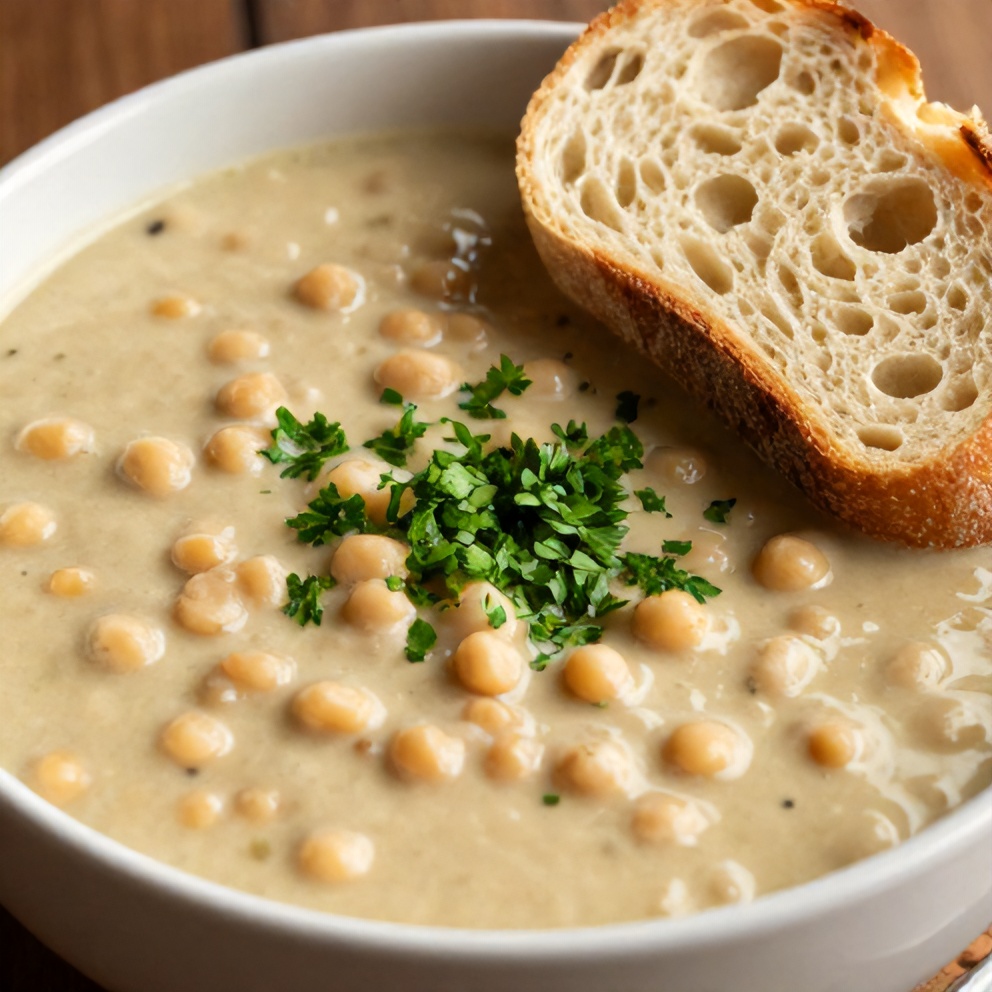 Bowl of creamy split pea soup with a slice of crusty bread
