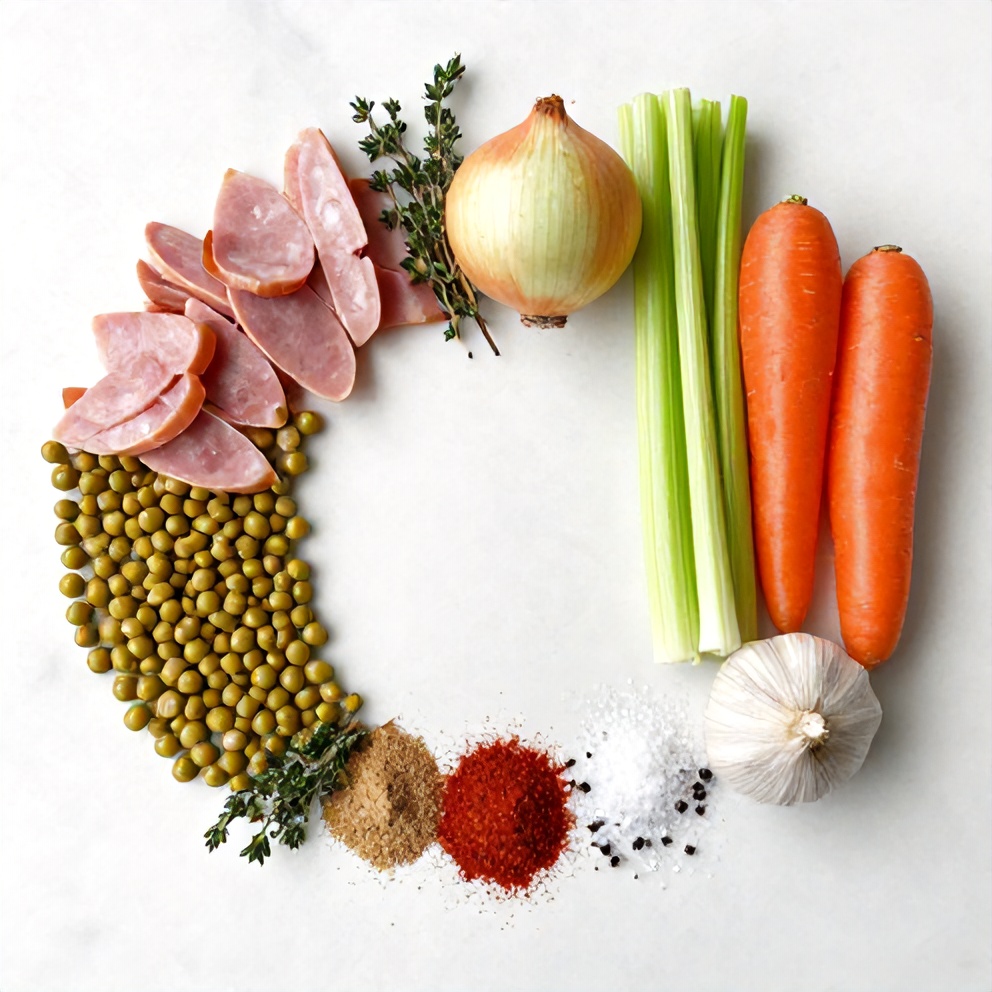 Split peas, ham, onion, carrots, celery, garlic, and seasonings laid out on a wooden surface
