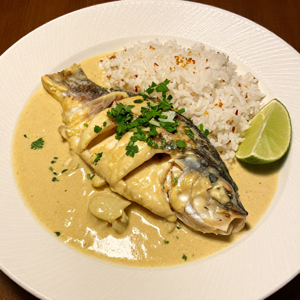 Plated Easy Coconut Lime Fish Curry with Jasmine Rice