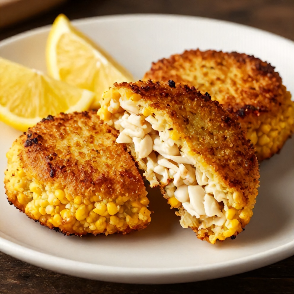 Plated cornbread stuffing crab cakes with lemon wedges