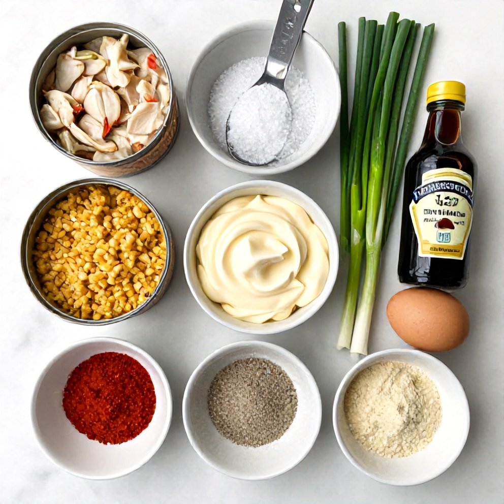 Raw ingredients for cornbread stuffing crab cakes on a marble surface