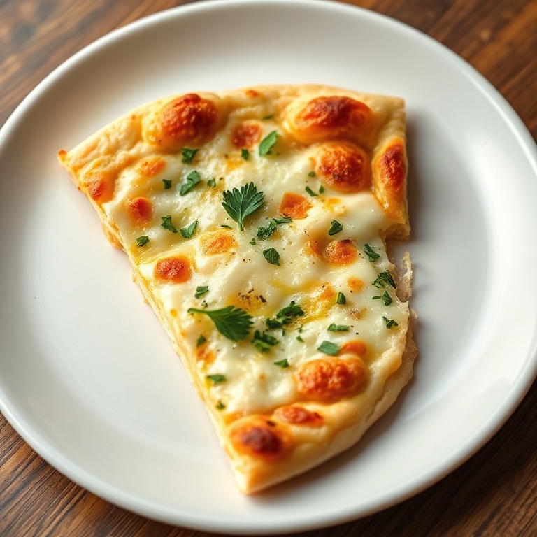 One plated slice of easy cottage cheese flatbread pizza on a white ceramic plate, topped with chopped fresh parsley, melty golden cheese, and warm lighting showing texture.