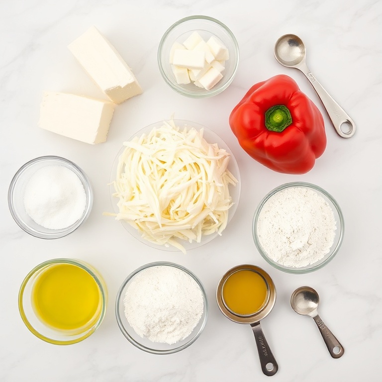 Overhead flat lay of cottage cheese, eggs, mozzarella, flat-leaf parsley, all-purpose flour, and small bowls of salt and pepper on a white marble surface.