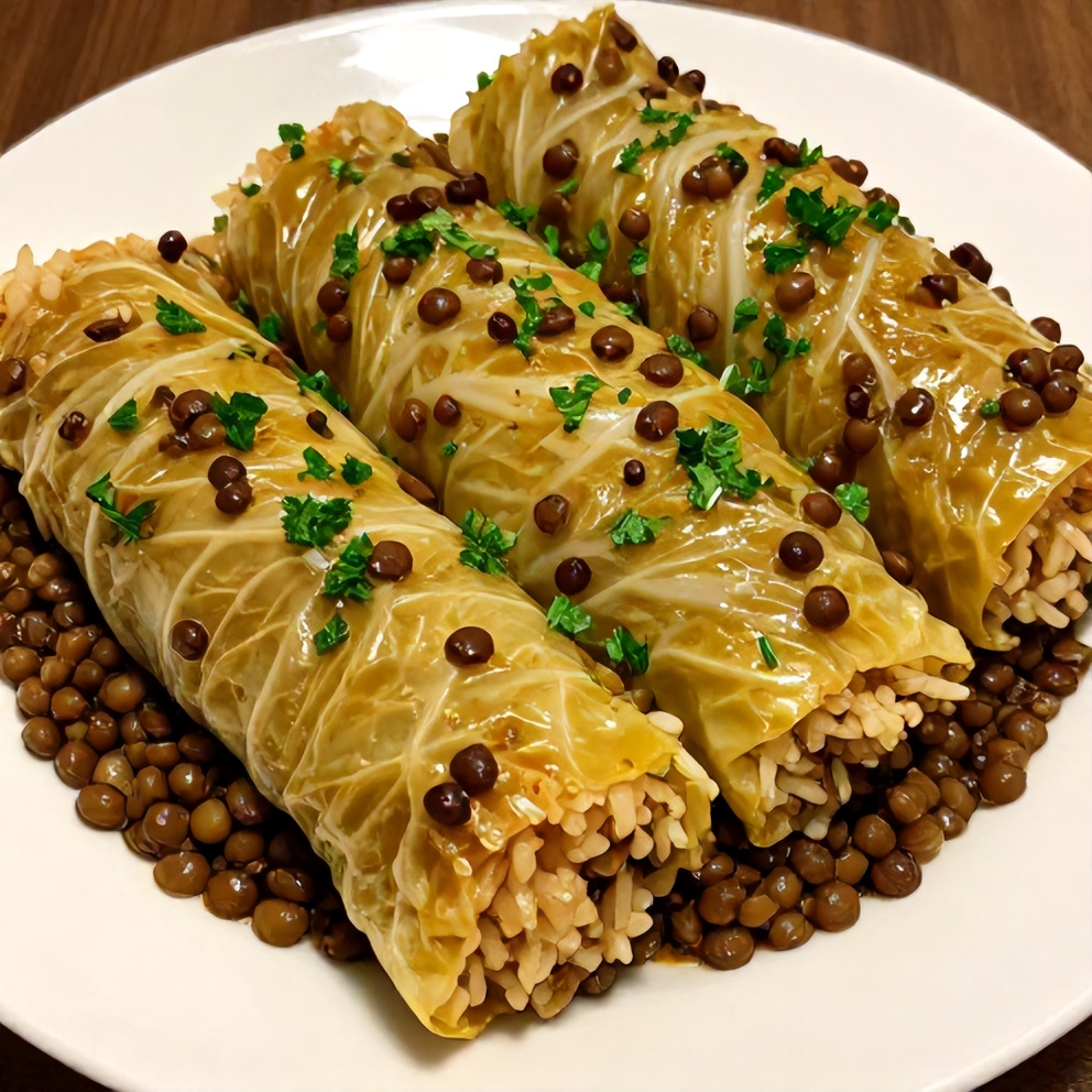 Plated serving of lentil and rice stuffed cabbage rolls on a white plate, garnished with fresh parsley