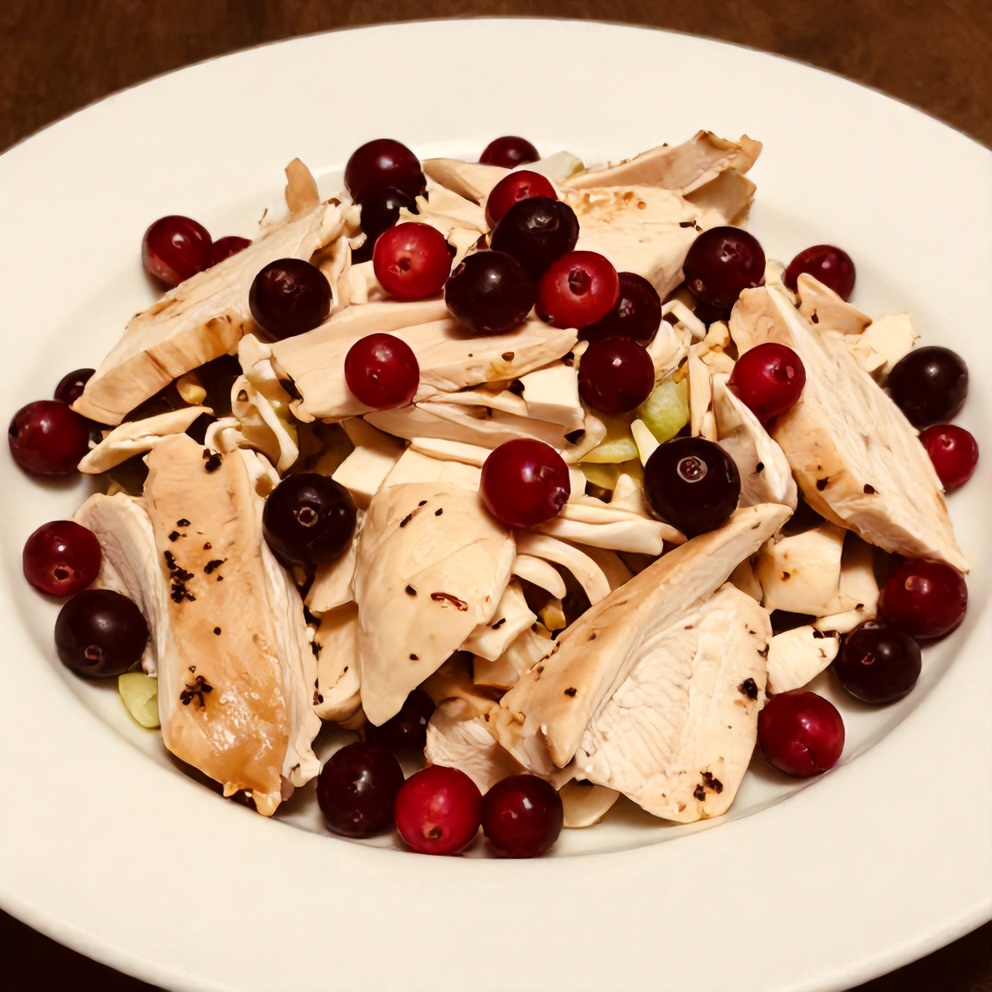 Perfectly plated cranberry chicken salad on a white plate with a garnish of fresh cranberries