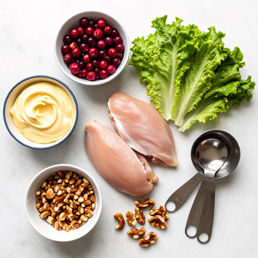Raw ingredients for cranberry chicken salad including chicken, cranberries, lettuce, and mayonnaise