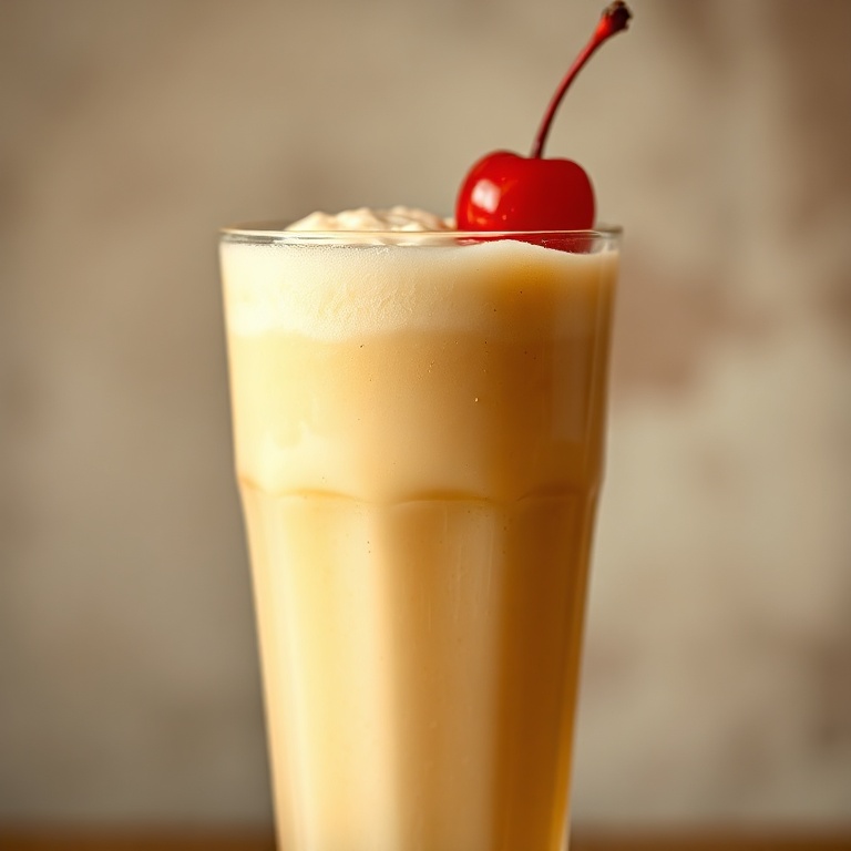 A close-up of a creamy creamsicle dirty soda in a tall glass with a cherry on top