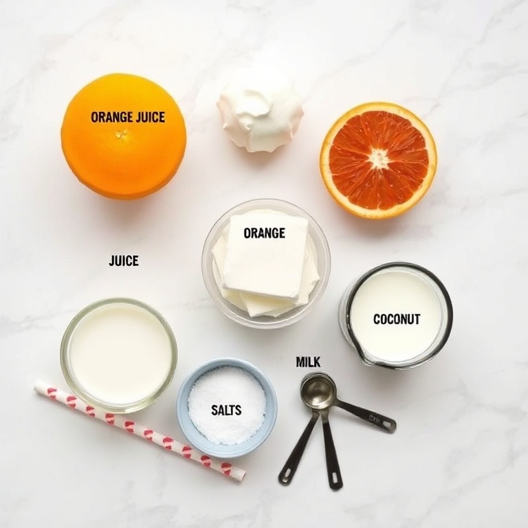 Raw ingredients for creamsicle dirty soda: orange juice, cream of coconut, salt, cherry, and a straw