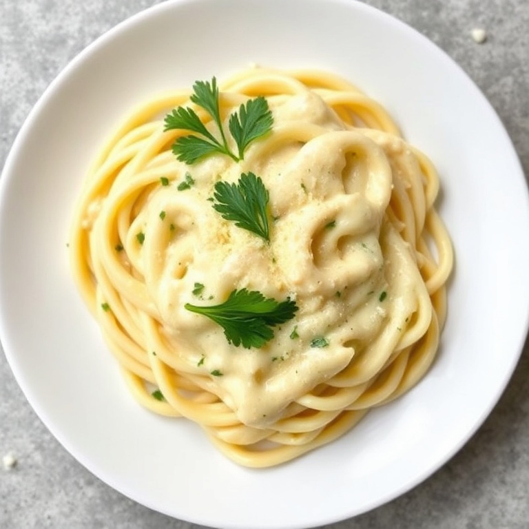 A single serving of Easy Creamy Alfredo Pasta. The dish is garnished with fresh parsley and parmesan. The plate is white with a slight texture, and the sauce is glossy and rich.