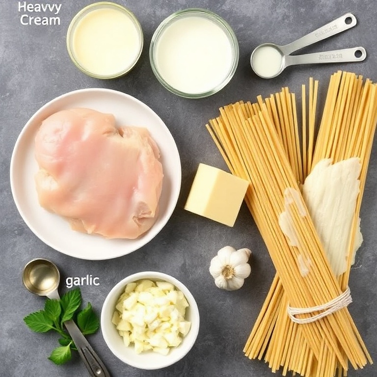 Raw ingredients for Easy Creamy Alfredo Pasta. Chicken breast, heavy cream, parmesan cheese, garlic, and spaghetti arranged in an overhead flat lay. Measuring spoons and bowls are visible.