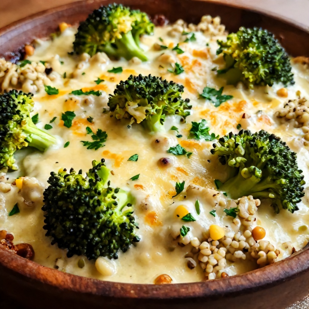 A serving of creamy broccoli quinoa bake on a plate, garnished with fresh parsley