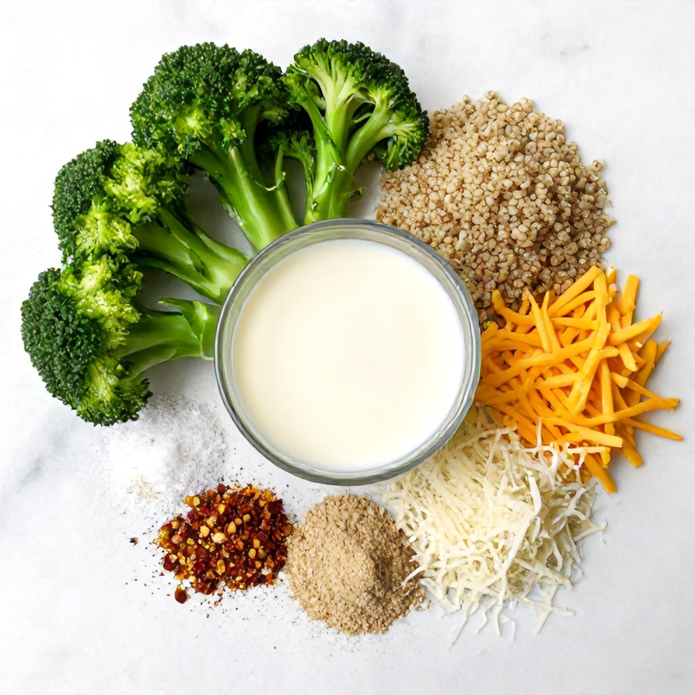 Broccoli, quinoa, milk, cheese, and other ingredients for the creamy broccoli quinoa bake