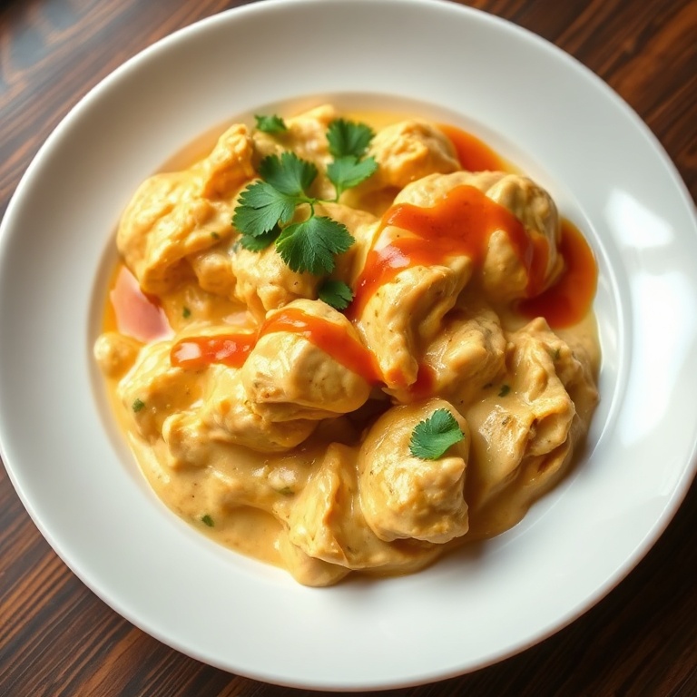 Plated creamy butter chicken with a drizzle of sauce and fresh cilantro. Served in a white bowl. Warm side lighting showing texture. Photorealistic food photography. No text. No watermark.