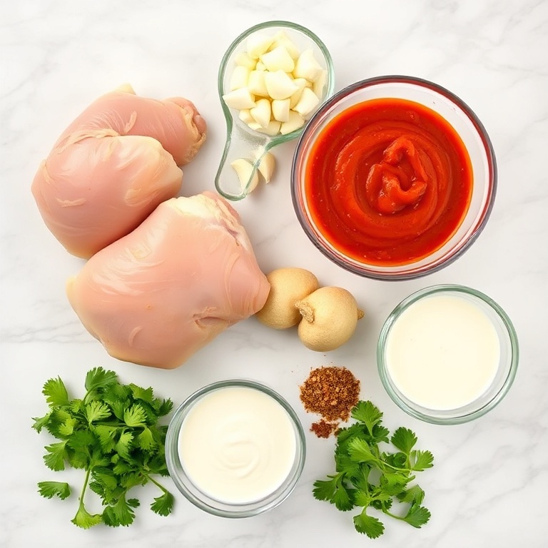 Raw ingredients for creamy butter chicken. Chicken thighs, onions, garlic, ginger, tomato puree, heavy cream, garam masala, and cilantro. Measuring cups and bowls visible. Bright even light. White marble surface. Photorealistic overhead food photography. No text. No watermark.