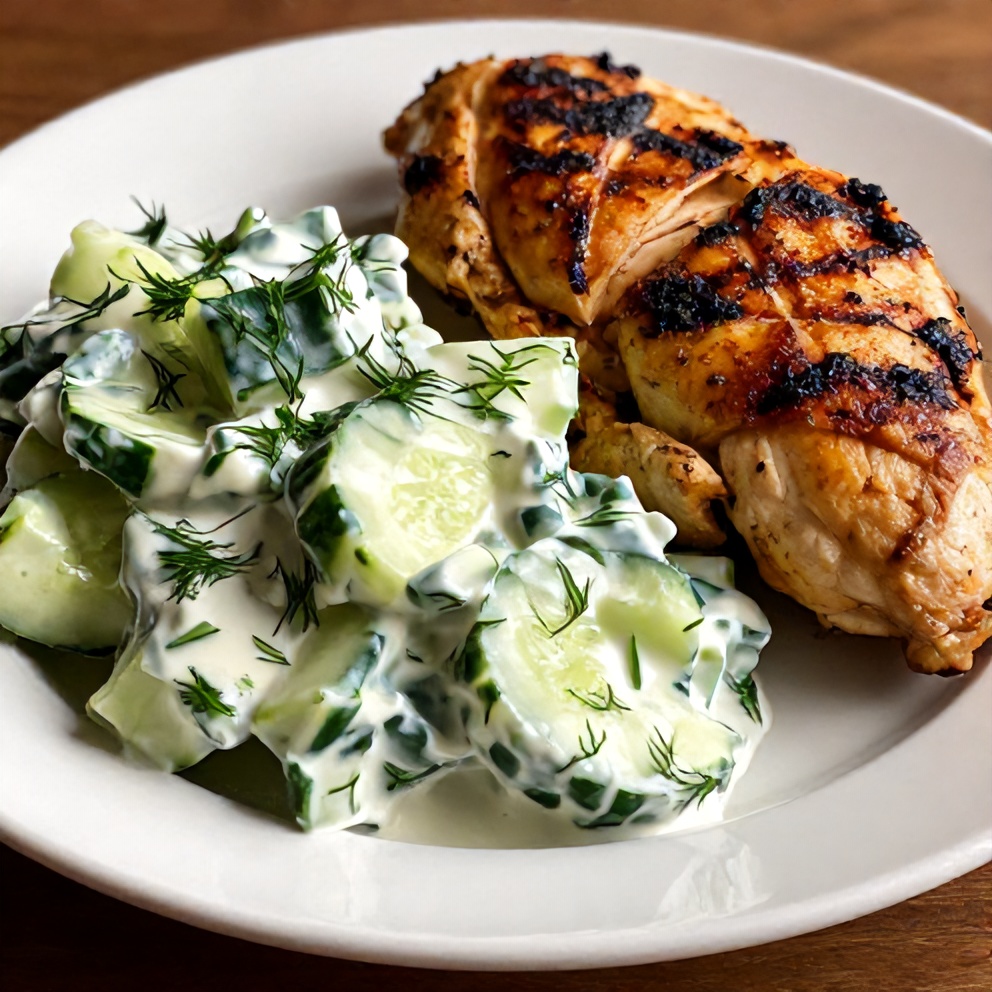 Plated creamy cucumber salad with fresh dill and a side of grilled chicken