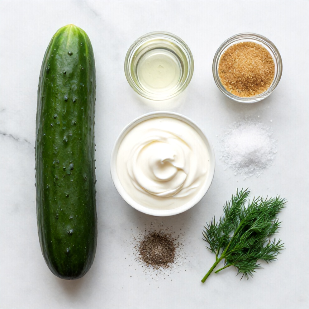 Raw ingredients for creamy cucumber salad: cucumbers, sour cream, vinegar, sugar, salt, pepper, and dill