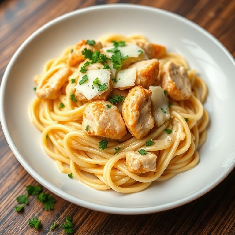 Creamy garlic parmesan chicken pasta twirled on a white shallow bowl, topped with chopped parsley and shaved parmesan, close crop with warm light emphasizing creamy sauce.