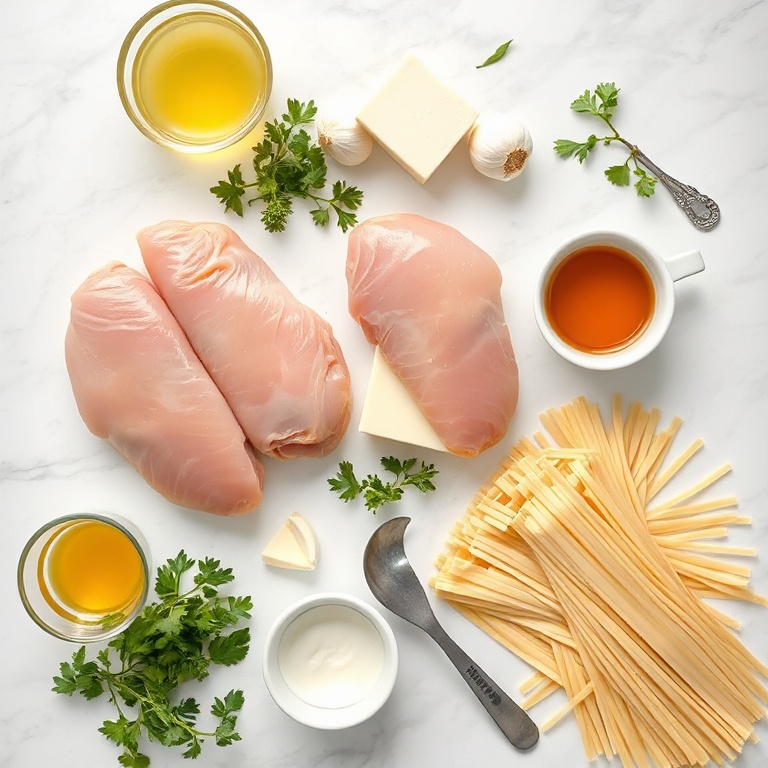 Flat lay of raw chicken breasts, parmesan cheese wedge, garlic cloves, heavy cream, and pasta, arranged with herbs and bowls of seasoning on a white marble background with measuring spoons.