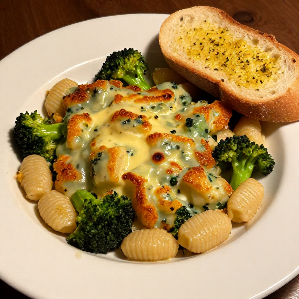 Plated serving of Gnocchi Broccoli Bake with crispy edges and a side of garlic bread