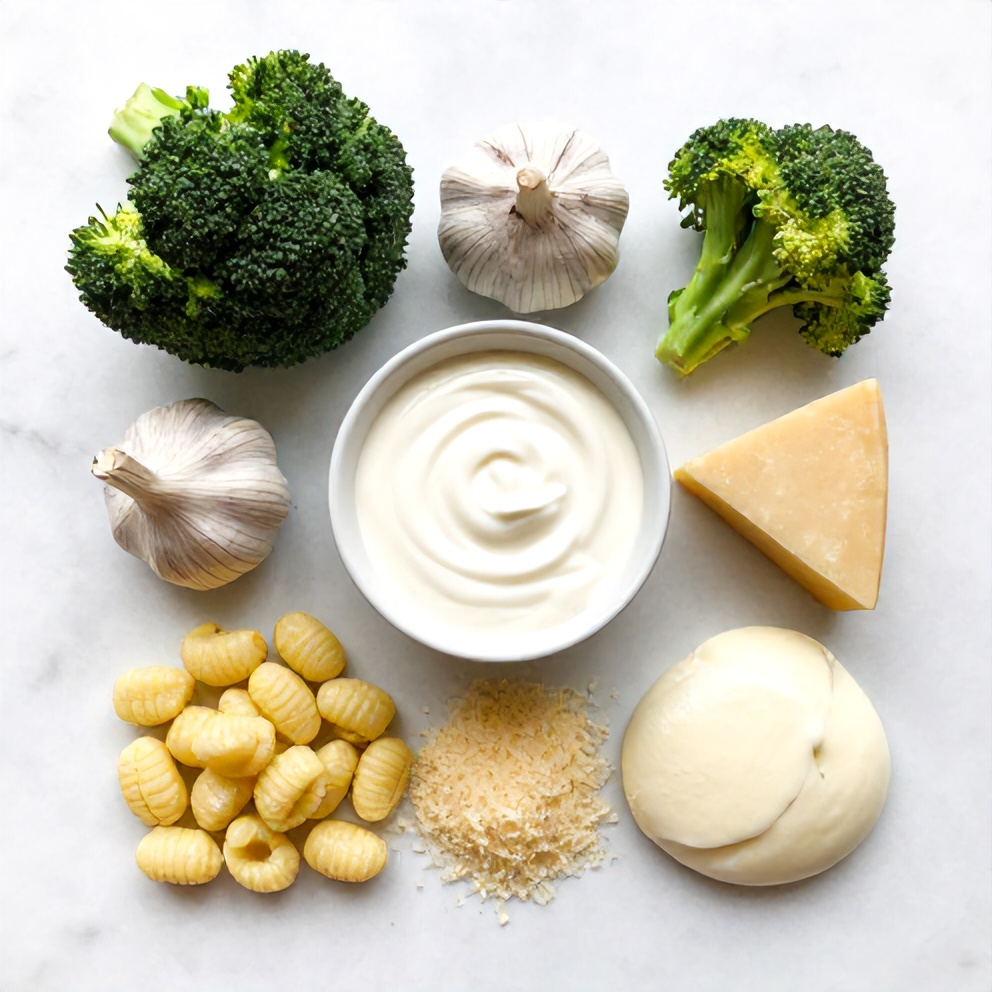 Raw ingredients for Gnocchi Broccoli Bake: gnocchi, broccoli, garlic, heavy cream, Parmesan cheese, and mozzarella cheese