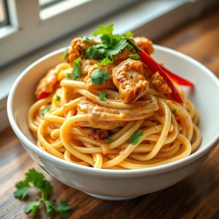 A heaping serving of creamy jerk chicken pasta topped with chopped cilantro in a shallow white bowl, sauce glistening and peppers colorful.