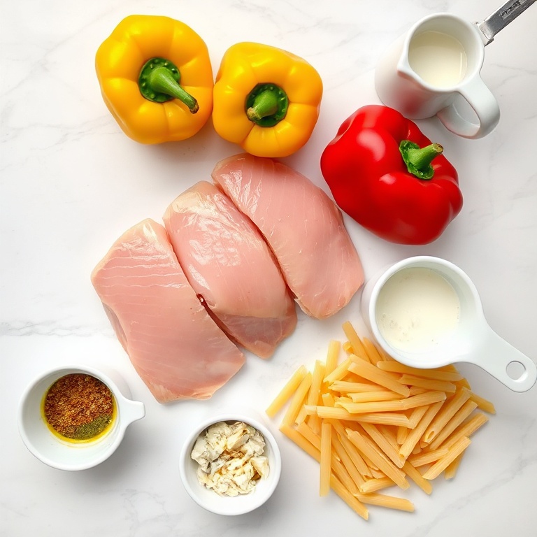 Overhead flat lay of raw chicken breast, tricolor bell peppers, uncooked penne pasta, jerk seasoning, and heavy cream arranged with prep bowls and spoons.