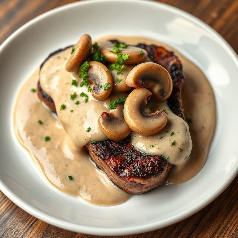 Juicy steak topped with creamy mushroom sauce and chopped parsley on a white round plate. Sauce glistening. Warm side lighting enhances texture.